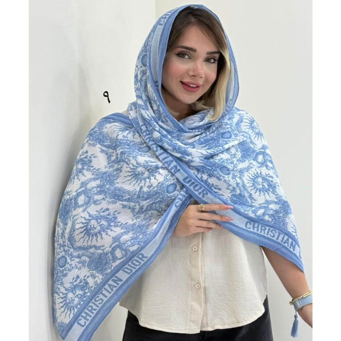 شال نخی پلیسه طرحدار آبی